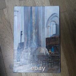 Old painting Interior of church Oil on canvas signed André Nivard