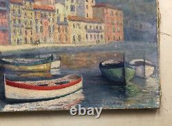 Old painting, Mediterranean port, oil on canvas to be restored, early 20th century