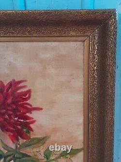 Old painting Oil on canvas Still life with dahlias signed framed 60X38