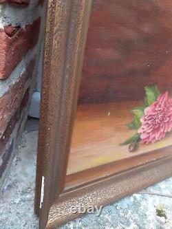 Old painting Oil on canvas Still life with dahlias signed framed 60X38