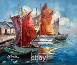 Old painting Oil on canvas marine boats 20th century