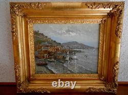 Old painting: Oil on panel seascape Italian boat port