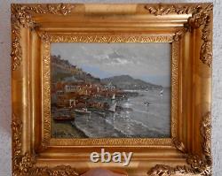 Old painting: Oil on panel seascape Italian boat port