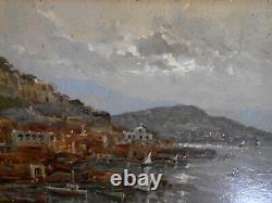 Old painting: Oil on panel seascape Italian boat port