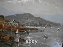 Old painting: Oil on panel seascape Italian boat port