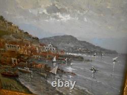 Old painting: Oil on panel seascape Italian boat port