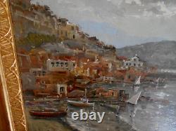 Old painting: Oil on panel seascape Italian boat port