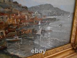 Old painting: Oil on panel seascape Italian boat port