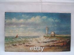 Old painting Oil on panel seaside lighthouse bather Emile Vachat 20th century