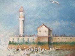Old painting Oil on panel seaside lighthouse bather Emile Vachat 20th century