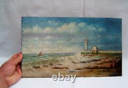Old painting Oil on panel seaside lighthouse bather Emile Vachat 20th century