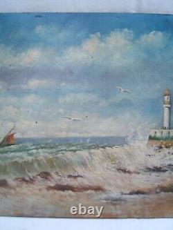 Old painting Oil on panel seaside lighthouse bather Emile Vachat 20th century