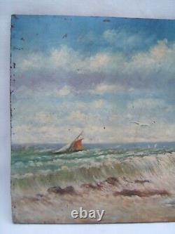 Old painting Oil on panel seaside lighthouse bather Emile Vachat 20th century