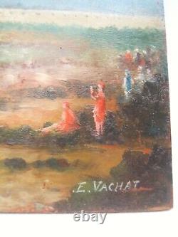 Old painting Oil on panel seaside lighthouse bather Emile Vachat 20th century