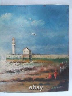 Old painting Oil on panel seaside lighthouse bather Emile Vachat 20th century