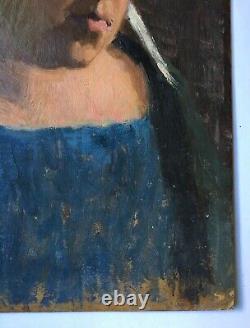 Old painting, Portrait of a Breton woman, Oil on cardboard, Painting, Early 20th century