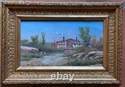 Old painting, Southern village landscape, oil on panel, 19th century, gilded frame