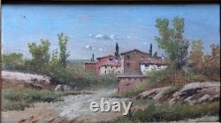 Old painting, Southern village landscape, oil on panel, 19th century, gilded frame