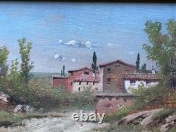 Old painting, Southern village landscape, oil on panel, 19th century, gilded frame Old painting, Southern village landscape, oil on panel, 19th century, gilded frame
