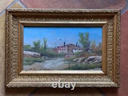 Old painting, Southern village landscape, oil on panel, 19th century, gilded frame