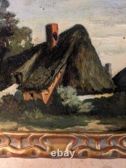 Old painting: The cottages. Oil on panel. Early 20th century