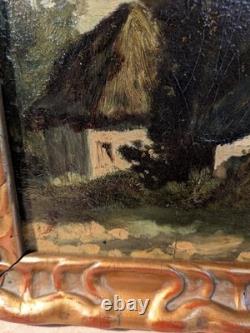 Old painting: The cottages. Oil on panel. Early 20th century