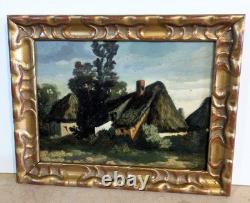 Old painting: The cottages. Oil on panel. Early 20th century