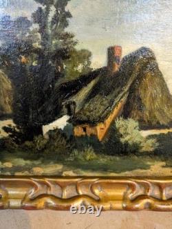 Old painting: The cottages. Oil on panel. Early 20th century