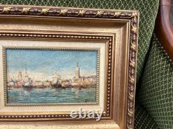 Old painting View of Venice Oil on framed panel signed LEROUX