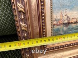 Old painting View of Venice Oil on framed panel signed LEROUX