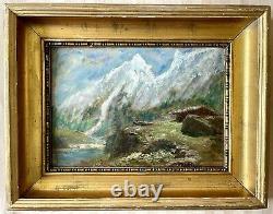 Old painting XIX 19th animated mountain landscape Alps river oil painting signed