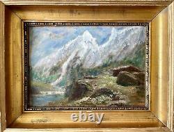 Old painting XIX 19th animated mountain landscape Alps river oil painting signed