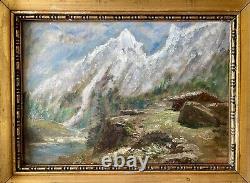 Old painting XIX 19th animated mountain landscape Alps river oil painting signed