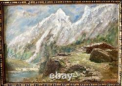 Old painting XIX 19th animated mountain landscape Alps river oil painting signed