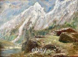Old painting XIX 19th animated mountain landscape Alps river oil painting signed