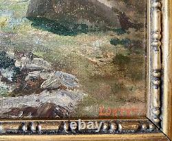 Old painting XIX 19th animated mountain landscape Alps river oil painting signed