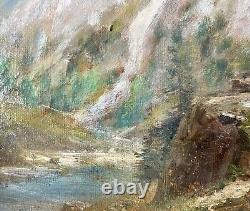 Old painting XIX 19th animated mountain landscape Alps river oil painting signed