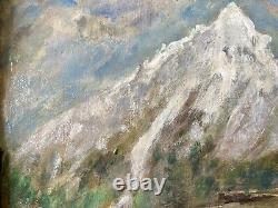Old painting XIX 19th animated mountain landscape Alps river oil painting signed