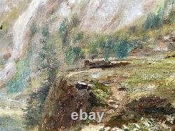 Old painting XIX 19th animated mountain landscape Alps river oil painting signed