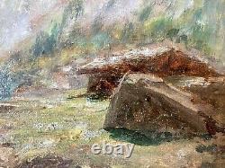 Old painting XIX 19th animated mountain landscape Alps river oil painting signed