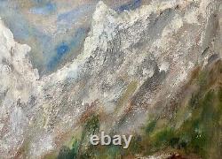 Old painting XIX 19th animated mountain landscape Alps river oil painting signed