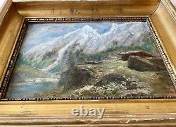 Old painting XIX 19th animated mountain landscape Alps river oil painting signed