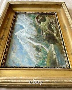 Old painting XIX 19th animated mountain landscape Alps river oil painting signed