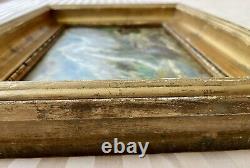 Old painting XIX 19th animated mountain landscape Alps river oil painting signed