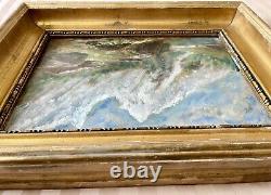 Old painting XIX 19th animated mountain landscape Alps river oil painting signed