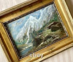 Old painting XIX 19th animated mountain landscape Alps river oil painting signed