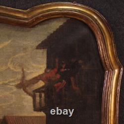 Old painting in a frame, oil on canvas, city destruction, 17th century painting