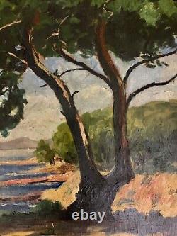 Old painting in oil of a fauvist seascape with a parasol pine by Seyssaud