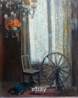 Old painting interior scene Clotilde Martin Pregniard Impressionist frame