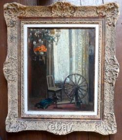 Old painting interior scene Clotilde Martin Pregniard Impressionist frame